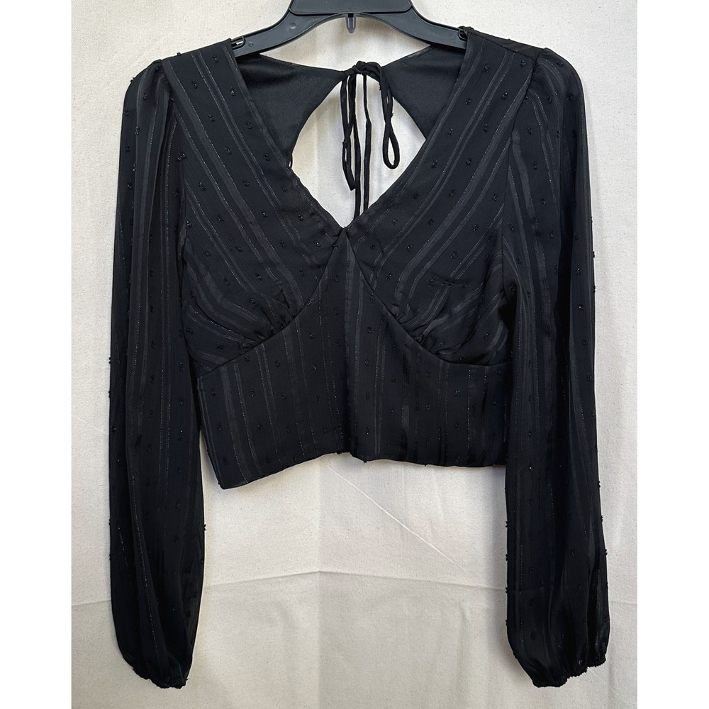 KIRIOUS LA Babydoll Crop Top Sz M Black Sheer Swiss‎ Dot Smocked Witchy Grunge